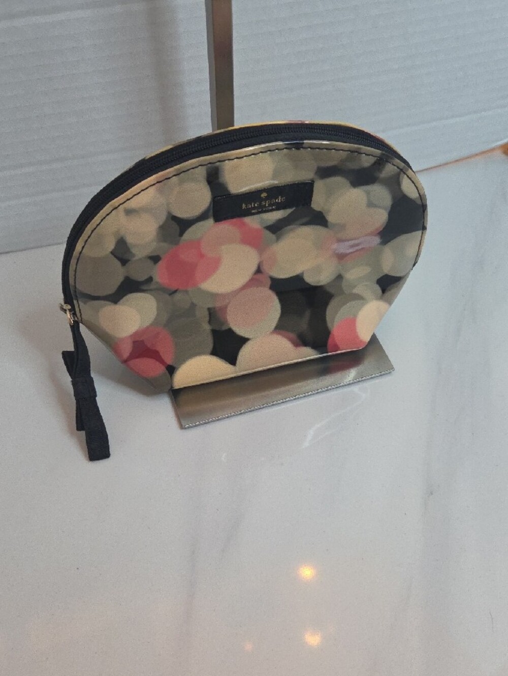 kate spade glossy bokeh cosmetic pouch in black, pink & white - Picture 2 of 8